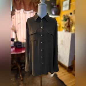 LOFT Dark Olive Button-Up Blouse